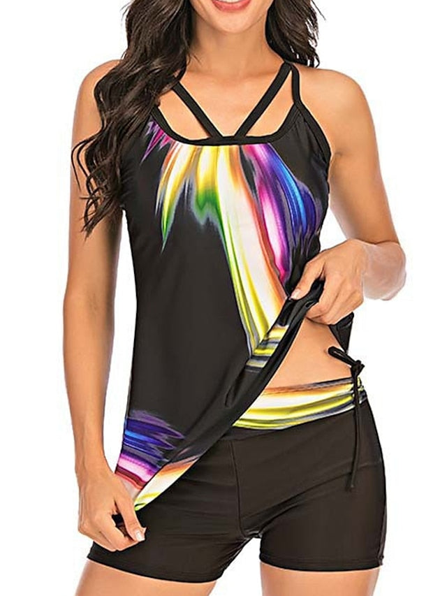 Women's Swimwear Tankini 2 Piece Plus Size Swimsuit Open Back Printing Gradient Color Black Camisole Strap Bathing Suits Sports Vacation Fashion / Modern / New