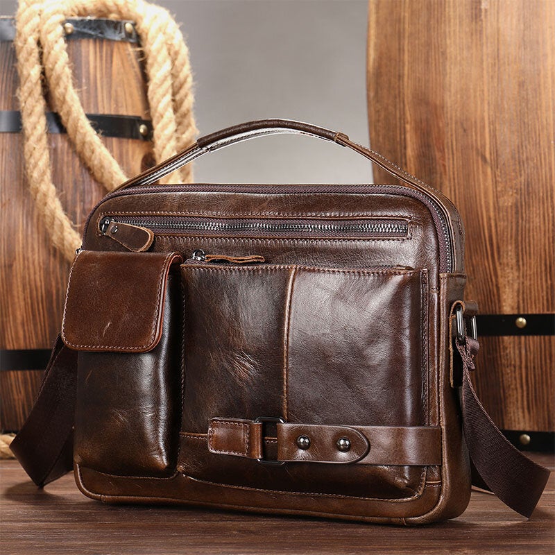 Men Oil Wax Leather Large Capacity Waterproof Messenger Bag Briefcase Multi-pocket Cowhide Crossbody Bags Shoulder