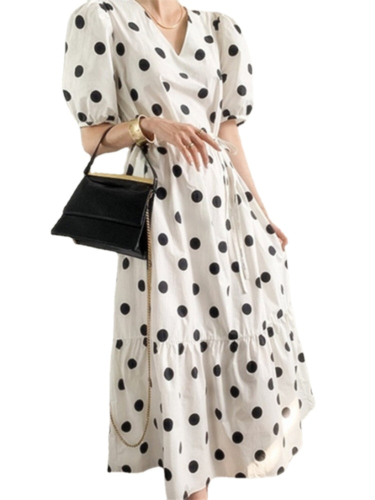 Polka Dot Print Half Sleeve V-neck Puff Drawstring Dress