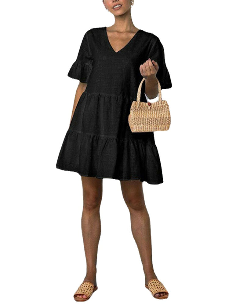 Women Cotton V-neck Ruffle Sleeve Holiday Loose Solid Color Mini Dress