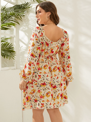 Plus Size Square Neck Floral Print Shirring Backless Design Dress