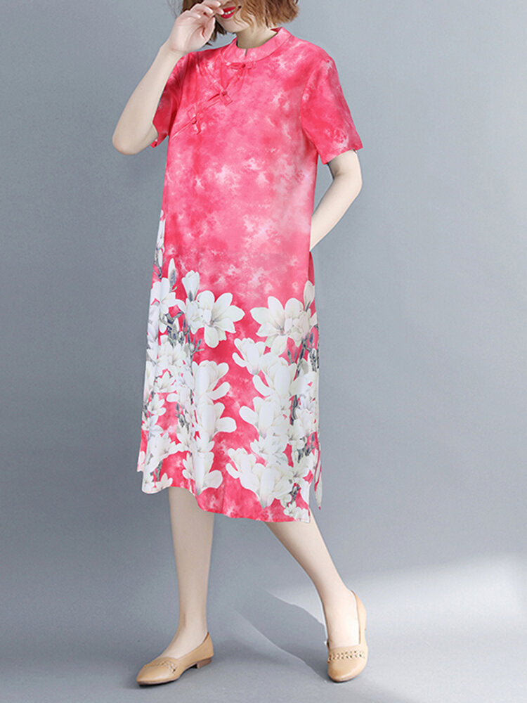 Short Sleeve Spliced Floral Casual Tie-dyed Dress For Women