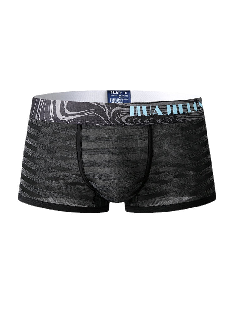 Mens Striped Ice Silk Translucent Breathable Thin Elastic Mid Waist Boxers