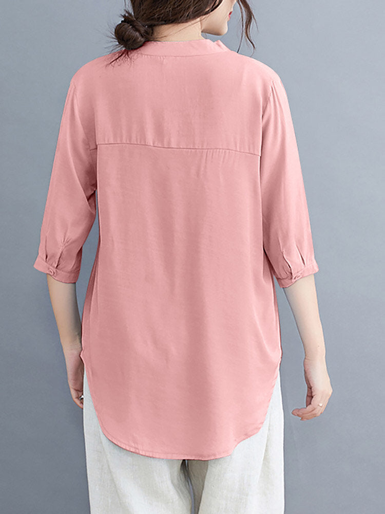 Solid Button Pocket V Neck Casual Blouse