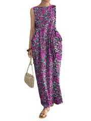 Pocket Floral Print Round Neck Sleeveless Maxi Dress