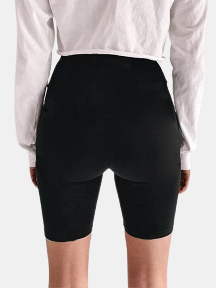 Cotton Breathable Women Letter Print Elastic Black Biker Shorts