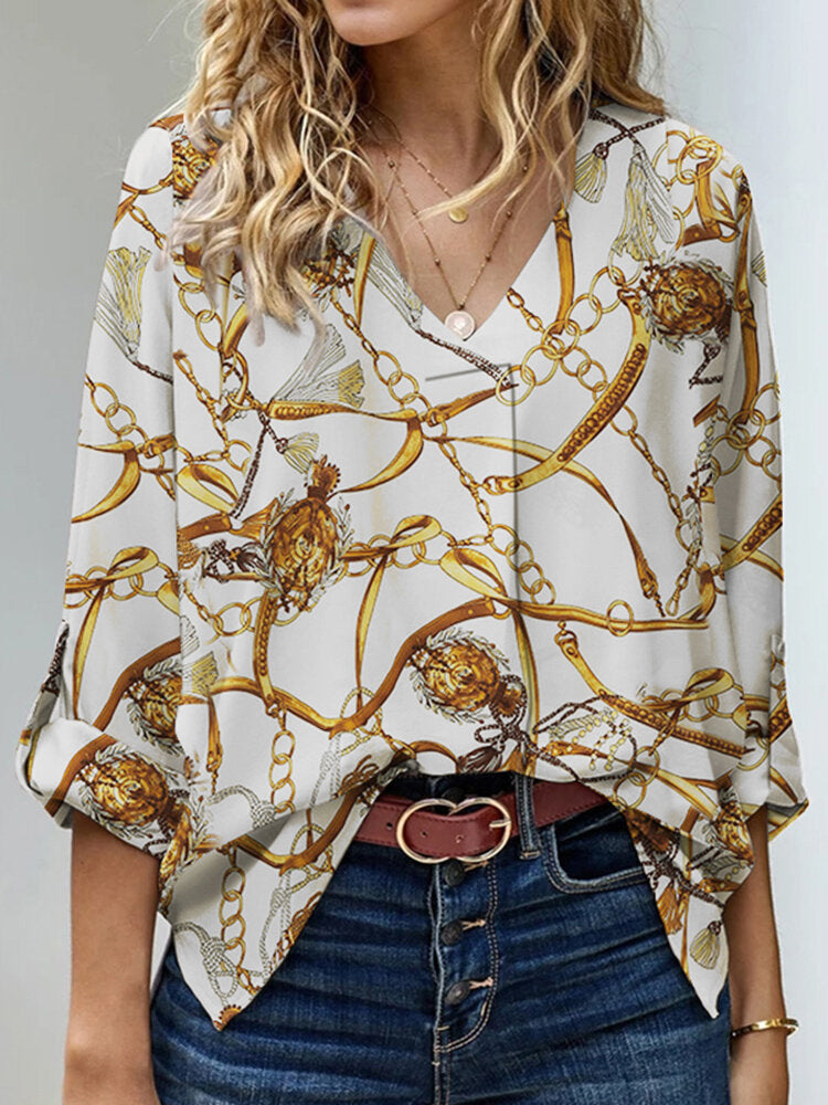 Chain Print Long Sleeve V-neck Blouse For Women