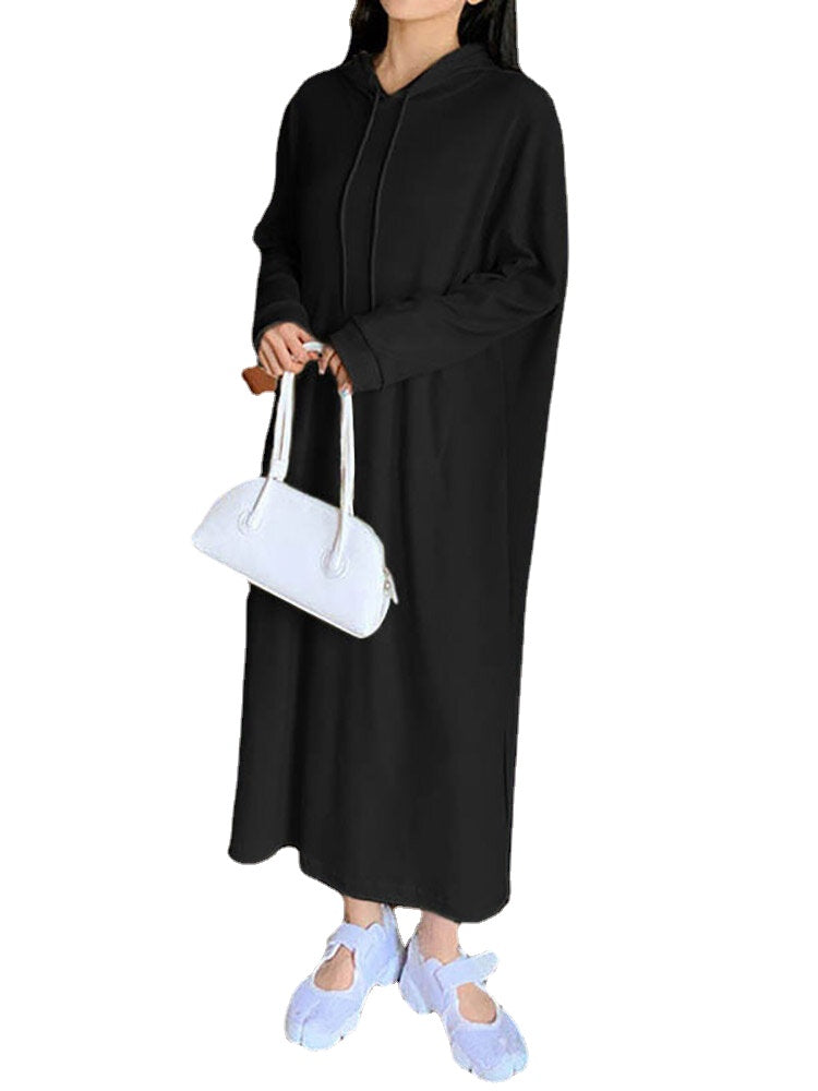 Women Puff Sleeve Sweatshirt Calf Length Front Pocket Side Fork Midi Dress