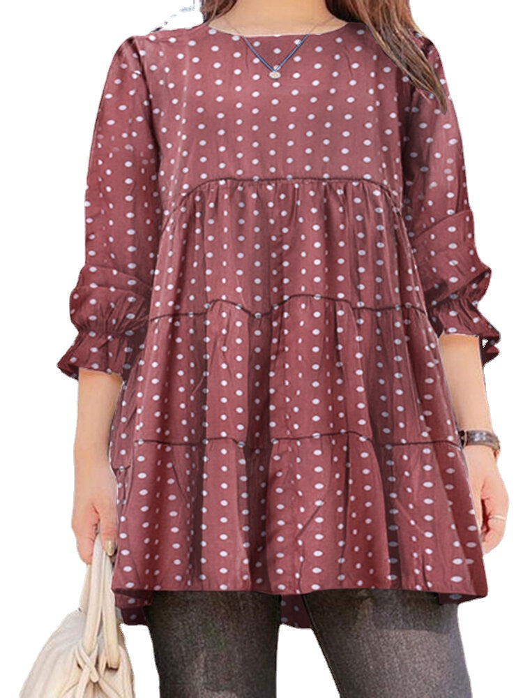 Women Puff Sleeve Daily O-Neck Spliced Dots Casual Loose Blouse