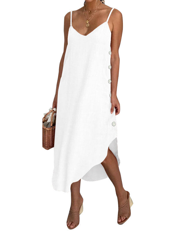 Women Sleeveless Strap V-neck Button Solid Maxi Dress