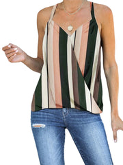 Green Striped Sleeveless V-neck Front Cross Design Halter Tank Top