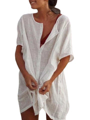 Women Casual Cotton Pure Color Short Sleeve Shirt Dress