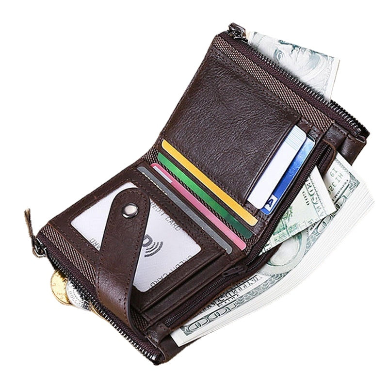 Men Genuine Leather RFID Blocking Vintage Double Zipper Cards Holder Wallet