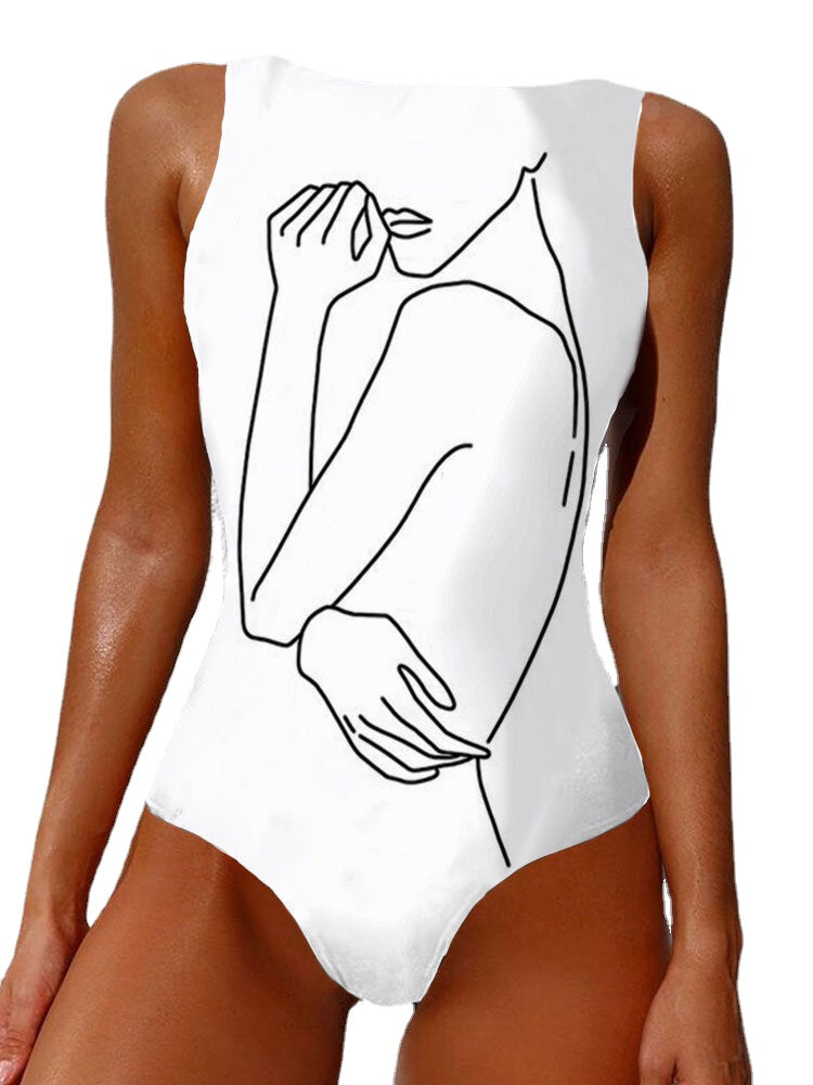 Women Line Drawing Abstract Print High Neck Sleeveless One Piece Slimming Swimsuit