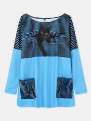 Women Stripe Cartoon Cat Print Double Pocket Long Sleeve Blouses