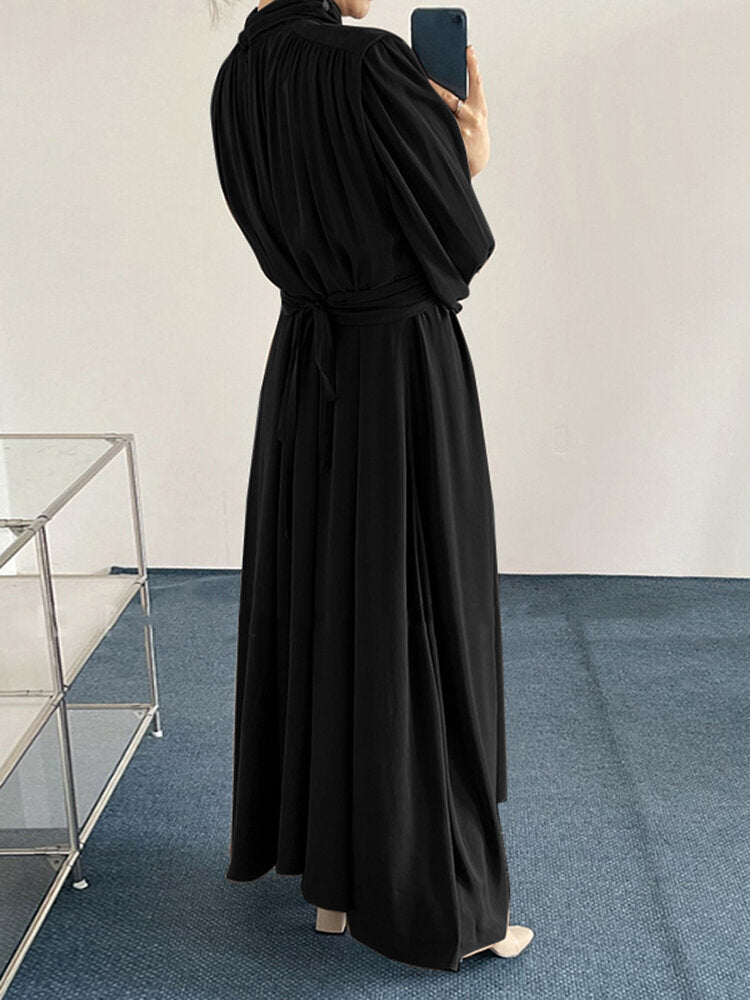 Solid Long Sleeve High Neck Pleated Casual Maxi Dress