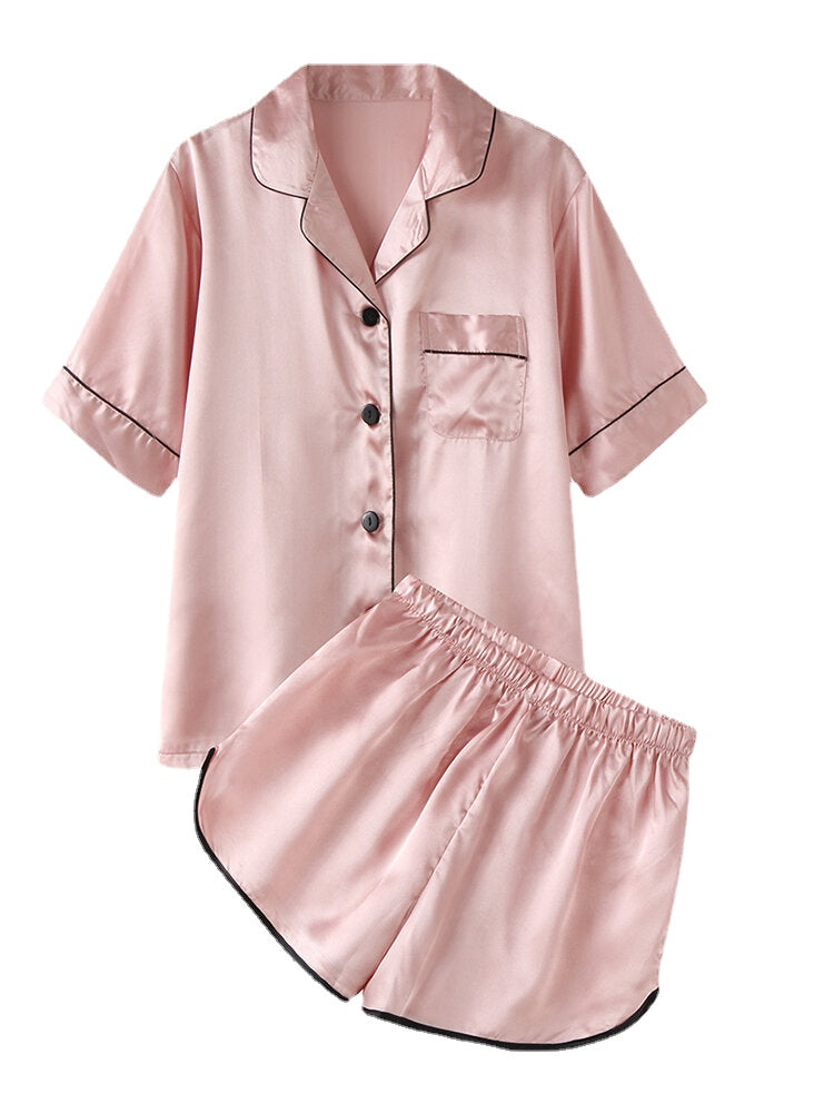 Women Colorful Striped Button Up Revere Collar Pocket Home Ice Silk Pajama Set