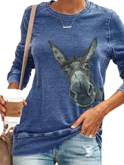 Women Cartoon Funny Donkey Print Long Sleeve O-Neck Casual Sweatshirt