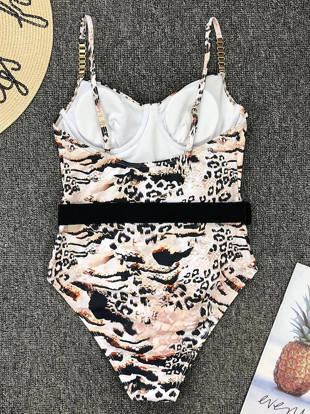 Women's Swimwear One Piece Normal Swimsuit Tummy Control Open Back Triangle Print Solid Color Leopard Black White Pink Purple Brown Padded V Wire Bathing Suits New Vacation Fashion