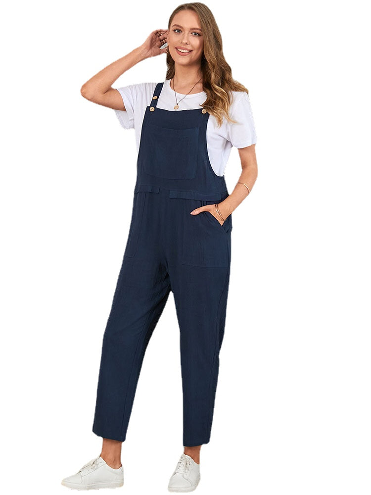 Solid Pocket Sleeveless Button Casual Jumpsuit For Women