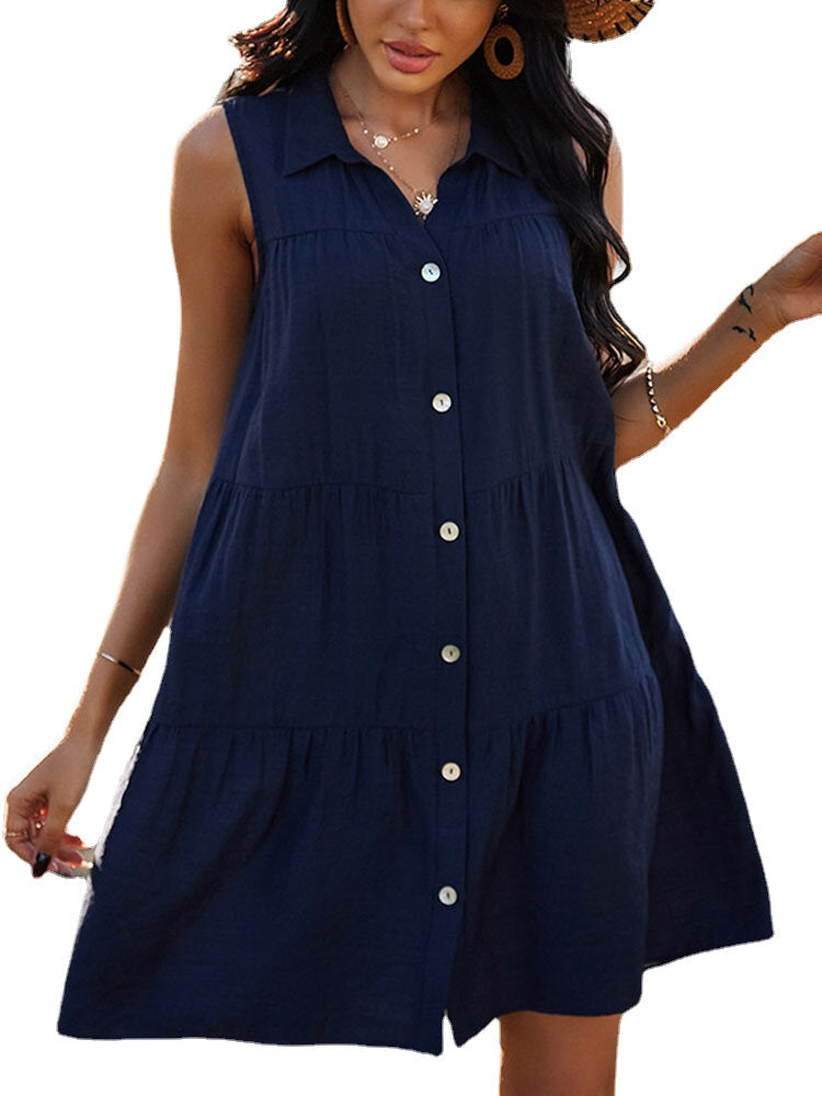 Solid Color Lapel Sleeveless Button Loose Casual Dress For Women