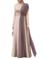 Solid Color Long Sleeve O-neck Mesh Patchwork Maxi Dress