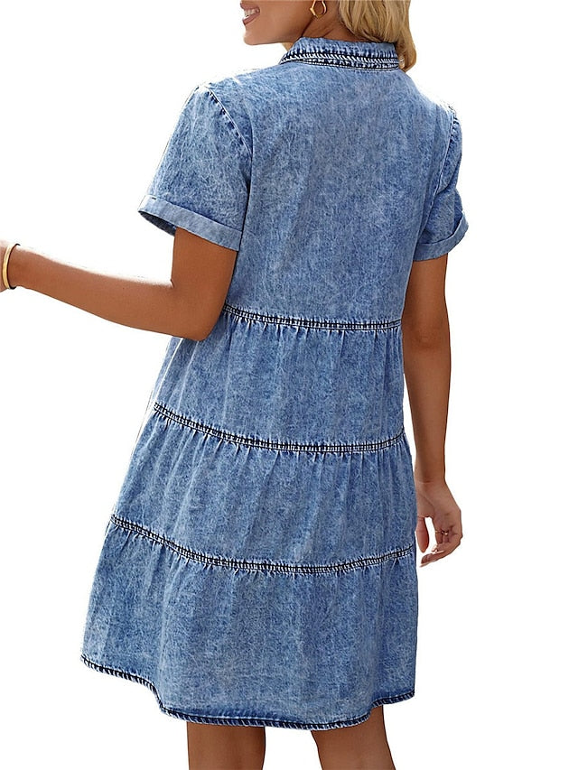 Women's Denim Shift Dress - Casual Mini Shirt Dress with Pockets, Short Sleeve