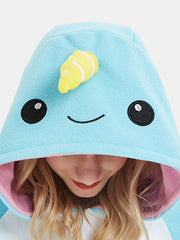 Women Cute Narwhal Patchwork Fleece Home Jumpsuit Loose Hooded Animal Jumpsuits