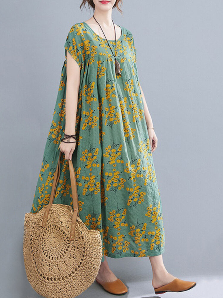 Floral Printed Bohemian Europe Retro Style O-Neck Loose Dress