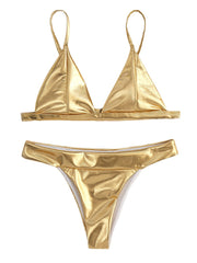 Women Triangle Bronzing Solid Color Thong Bikini