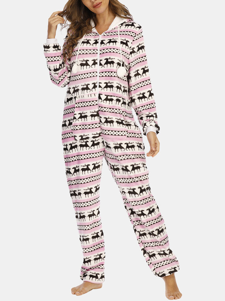 Christmas Women Flannel Elk Graphics Pocket Hooded Jumpsuits Cozy Warm Sleepwear