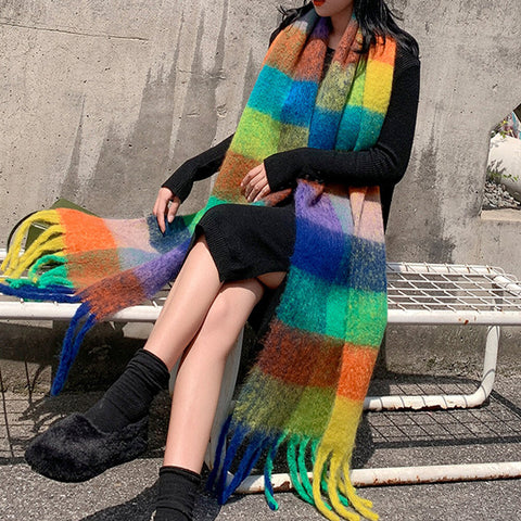 Women Cashmere Dual-use Rainbow Mixed Color Stripes Thicken Warm Plus Long Tassel Scarf Shawl