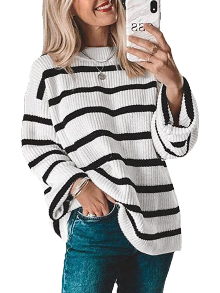 Women Black and White Striped O-Neck Casual Loose Fit Preppy Sweasters