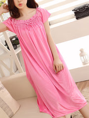 Women Solid Color Short Sleeve Smooth Home Nightgown