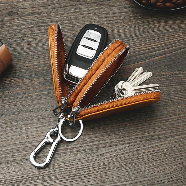 Men Genuine Leather Minimalist Wallet Double Zipper Car Key Case holder