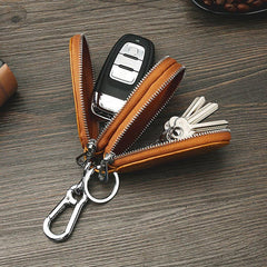 Men Genuine Leather Minimalist Wallet Double Zipper Car Key Case holder