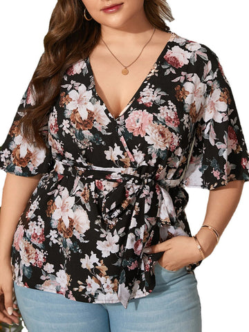 Plus Size Floral Print V-neck Short Sleeve Holiday Casual Blouse