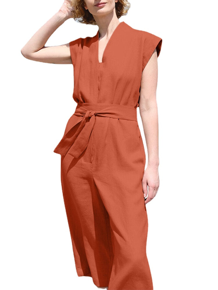 Solid Sash V Neck Pocket Sleeveless Casual Cotton Jumpsuit