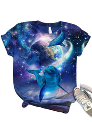 Women Ocean Whale Print O-Neck Casual Short Sleeve T-Shirts