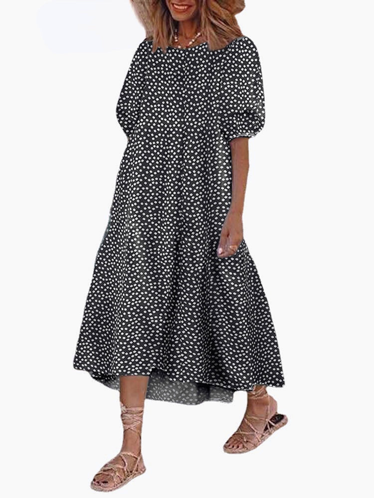 Casual Loose Floral Print O-neck Puff Sleeve Pleated A-line Maxi Dress