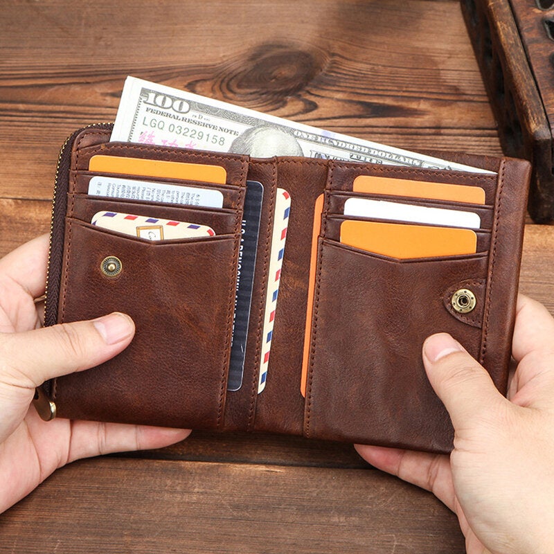 Men Genuine Leather RFID Anti-theft Retro Business Durable Zipper Multi Card Slots Holder Wallet