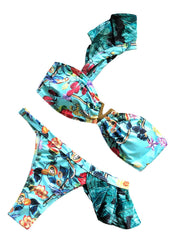 Women One Shoulder Floral Printing Ruffle Trims Backless Beach Holiday Low Waist Bikinis