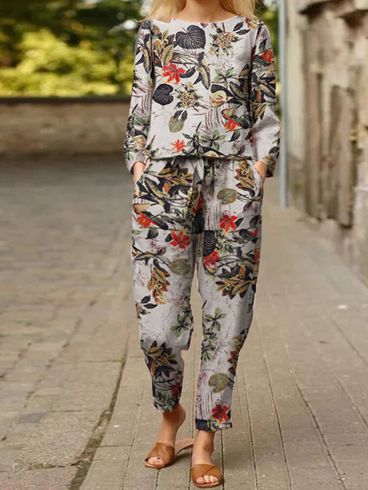 Plants Print Pocket Long Sleeve Elastic Waist Two Pieces Set