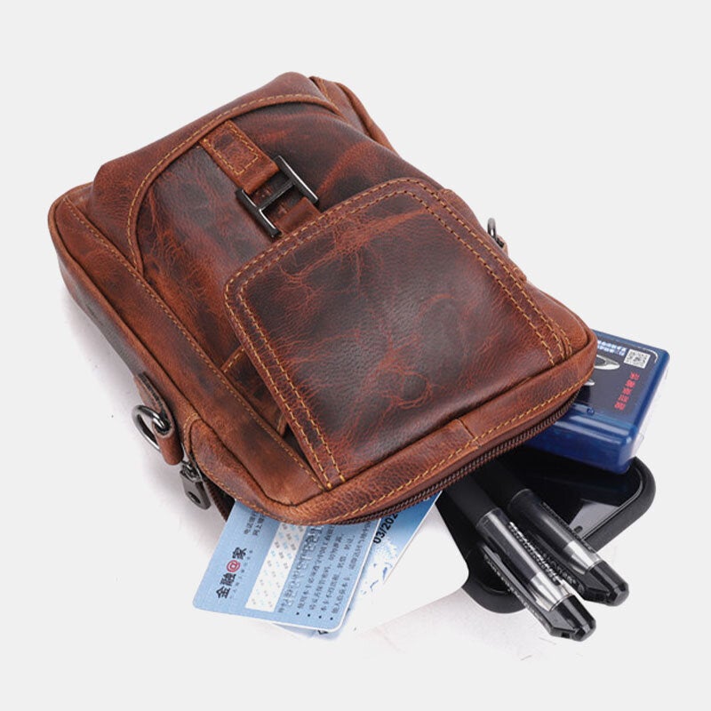 Men Genuine Leather Multifunction Lightweight Crossbody Bag Multi-pocket Belt Phone