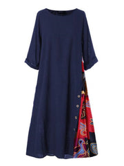 Ethnic Print Patchwork Buttons 3/4 Sleeve Vintage Maxi Dress