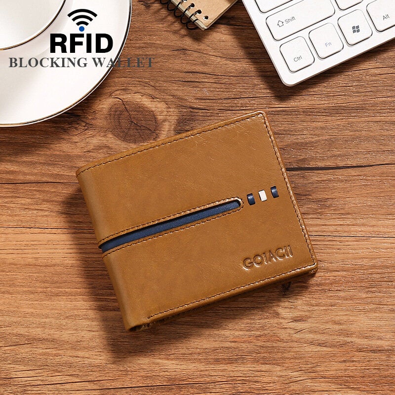 Men Horizontal Bifold RFID Blocking Card Case Retro Short Multi-card Slot Card Holder Coin Purse Money Clip Driver's License Wallet