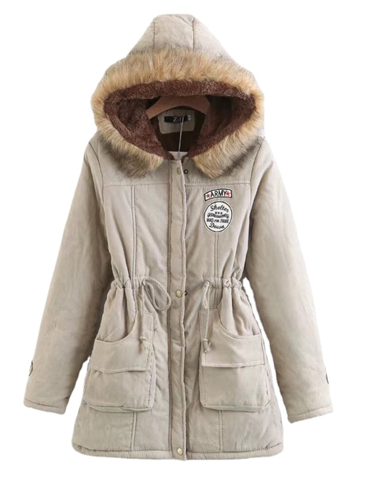 Winter Women Pure Color Fur Collar Hooded Thicken Coats