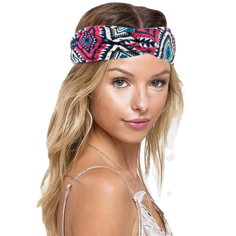Women Bohemian Style Diamond Lattice Pattern Casual Outdoor Headdress Elastic Cross Tie Wide Brim Headband