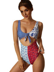 Colorful Print Patchwork Tie Front One Piece Cut Out Slimming Swimwear For Women