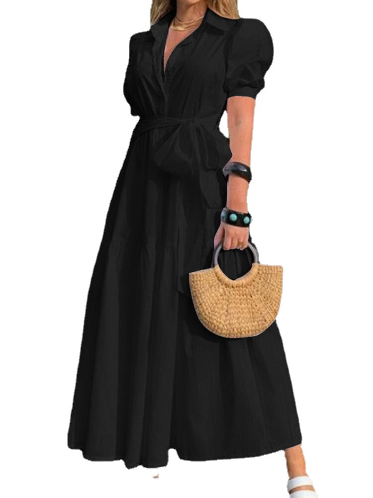 Solid Puff Sleeve Belt Bow Button Lapel Maxi Shirt Dress